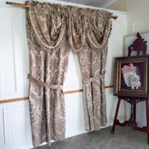 JC Penney Drapes Waterfall Valances 100Wx85L Tan Floral Jacquard Lined Vtg 7pcs